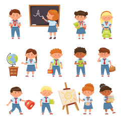 Fototapeta premium Happy School Children Flat Vector Illustration with Backpack, Books and Learning Activities