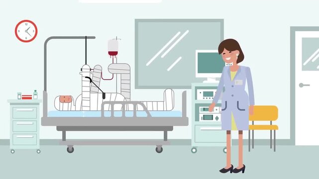 2D Animated Empty Hospital Room ICU Ward with Medical Equipment and Monitors, Doctor standing by Bedside, Healthcare Vector Flat Design