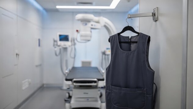 Medium frame of an Xray room featuring shielding walls with the lead apron hanging clearly in focus and the Xray unit blurred in the background.