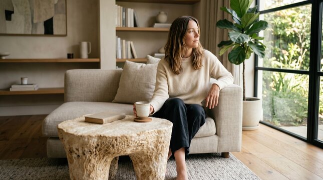 Young woman with coffee beside sculptural mycelium table in modern home