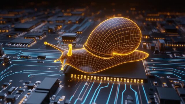 "Wireframe snail glowing on circuit board, symbolizing slow data transfer and futuristic technology."