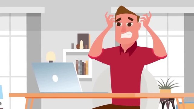 2D Animated Stressed Businessman Sitting at Home Office Desk, Panicked Freelancer with Hands on Head Laptop Problem Flat Vector Design