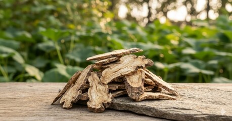 Fototapeta premium Stack of Dried Herbal Roots on Wooden Surface with Soft Natural Light