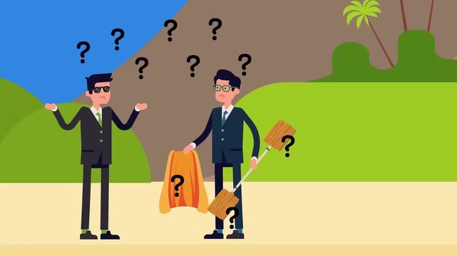 2D Animated Businessmen Confused on Field with Shovel, Mystery Discovery or Construction Site Problem Concept, Flat Vector Design