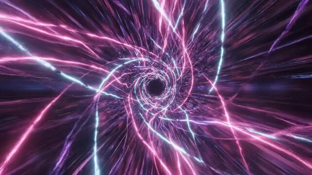 Swirling vortex of glowing pink and cyan light trails in a dark cosmic tunnel with a black hole center and textured purple walls