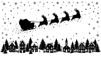 Christmas scene with santa's sleigh and reindeer flying over a snowy village © Chadni