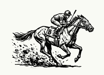 Fototapeta premium Jockey riding galloping racehorse in action pose, retro engraving illustration, horse racing sports vector design