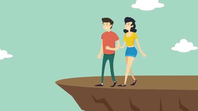 2D Animated Couple Walking near the Edge of a Cliff, Romantic Adventure Trip or Risk and Challenge Metaphor, Flat Vector Landscape