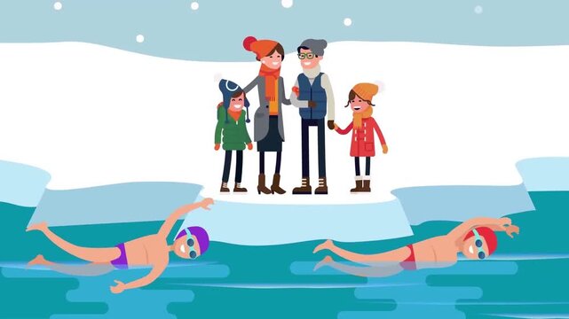 2D Animated Winter Polar Plunge Swimming Event, Family on Snow Ice Block Watching Swimmers in Freezing Icy Water, Flat Vector Concept