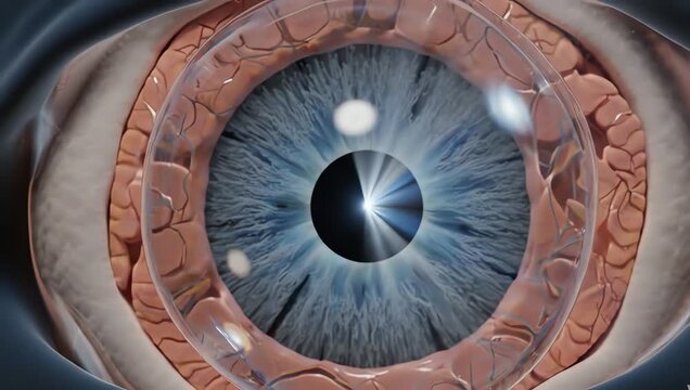 Light rays passing through a transparent cornea and lens inside the human eye, glowing beams bending smoothly toward the retina