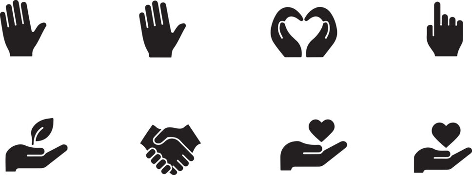 Minimalist black silhouette of a care hand vector icon set. square type Bundle