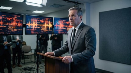 Fototapeta premium Politician amid voice cloning alerts in newsroom for disinformation concept