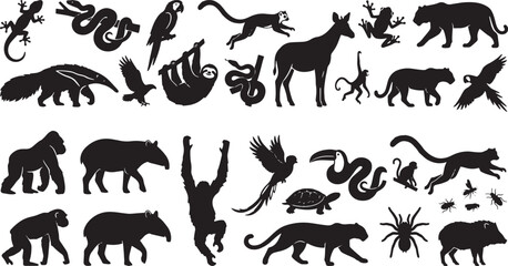Obraz premium Black animal silhouettes, wildlife icons, vector animals, 30 species isolated on Transparent Background