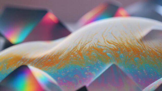 Iridescent soap film stretches across geometric forms with shifting cyan, magenta, gold and violet colors, realistic optical effects and minimalist luxury aesthetic with generous copy space.
