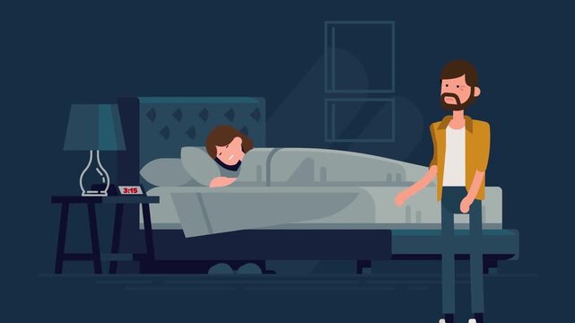2D Animated Late Night Bedside Care, Man Standing by Bed looking at Tired or Sick Person Sleeping in Dark Bedroom, Flat Vector Design