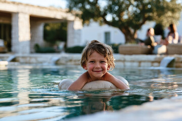 Fototapeta premium An adorable child enjoying a playful moment in the water, showcasing the joy and carefree spirit of childhood during a peaceful afternoon by the pool.