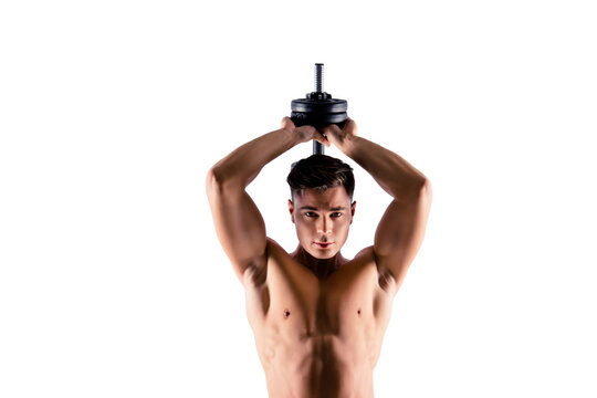 Cropped close up photo of handsome muscular virile strong man lifting a dumbbell from behind his back, he is training his triceps, isolated on grey background, copy-space