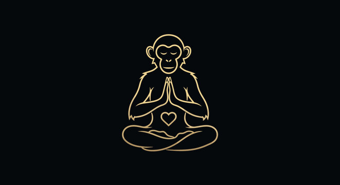 Zen monkey meditating in yoga lotus pose line art logo.