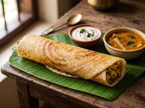 Large golden brown South Indian masala dosa served on a banana leaf with sambar vegetable stew and coconut chutney, conveying authentic street food heritage and crispy texture