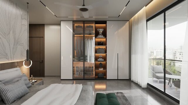 Modern bedroom with green bench and large window