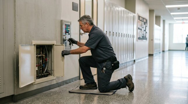 School corridor shutoff panel inspection at maintenance access hatch