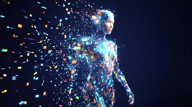 Virtual entity dissolving into glowing digital particles. Artificial intelligence and data processing concept in dark space.