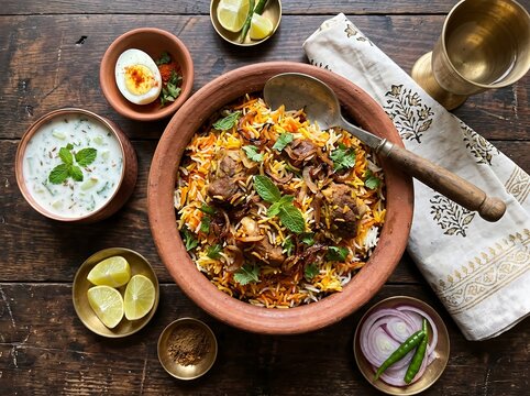 Top down flat lay of flavorful mutton biryani rice in a traditional clay handi pot served with raita yogurt and boiled egg, conveying authentic festive culinary heritage
