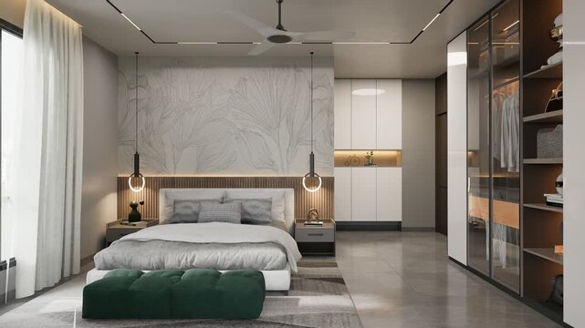 Modern bedroom with green ottoman and large wardrobe