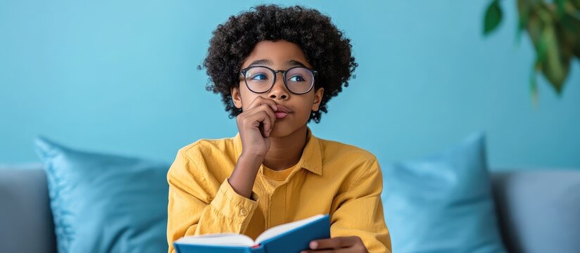 A smart boy with glasses sat on the sofa holding a book with his hand on his chin, contemplating.