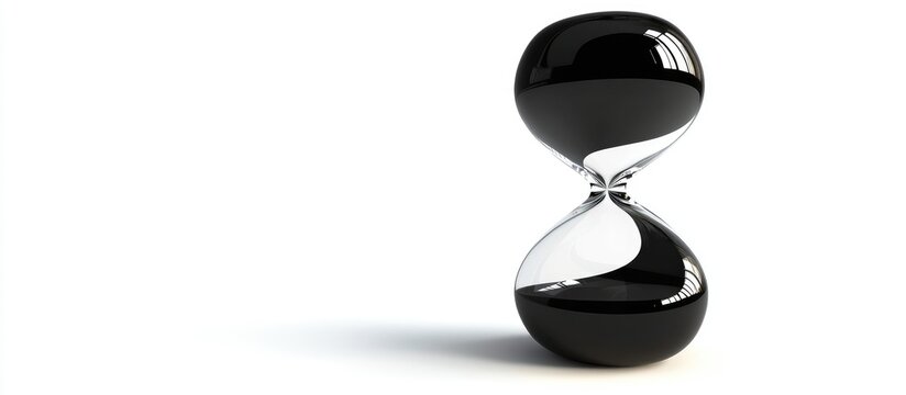 Conceptual glass hourglass sandglass with black glossy fluid isolated on clean white studio background