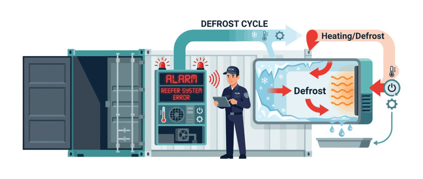 Reefer Container Defrost Cycle Diagram with Technician and Alarm