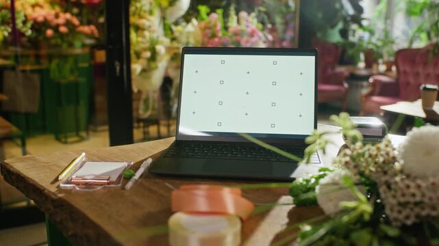 Laptop displaying mockup screen with tracking markers sitting on wooden table in florist shop. Footage is perfect for promoting e-commerce platforms or small business management software