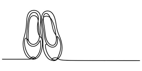 Continuous single line drawing of a pair of women flat shoes or ballet slippers in a simple minimalist art style © Purnima