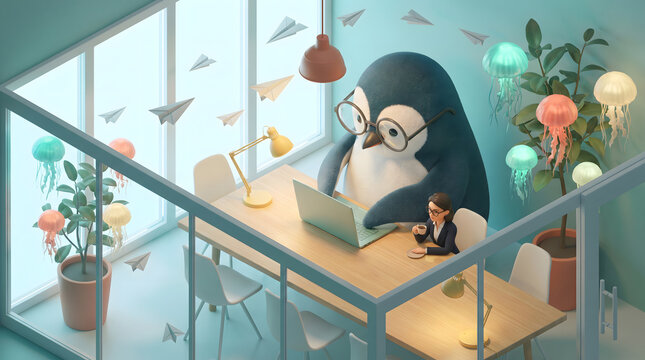 Whimsical 3D office scene with a giant penguin employee and flying paper airplanes