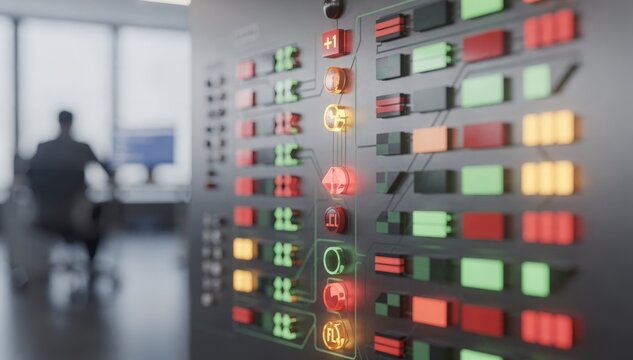 Clean view of an automated testing dashboard featuring a variety of pass and fail indicators test column in sharp focus contrasted with an indistinct office environment backdrop.