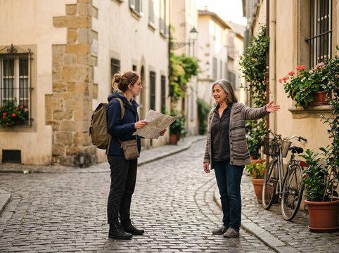 Traveler asking directions from local resident on quiet neighborhood street
