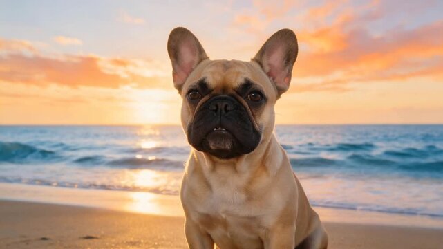 french bulldog at beach close up in french riviera sunset light video