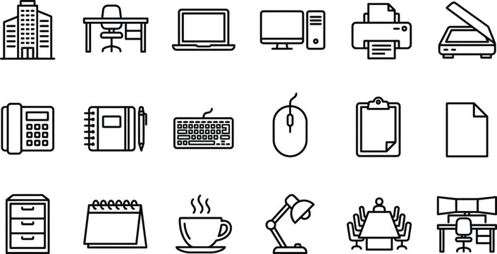 Office equipment and workplace workspace icons with workplace, computer