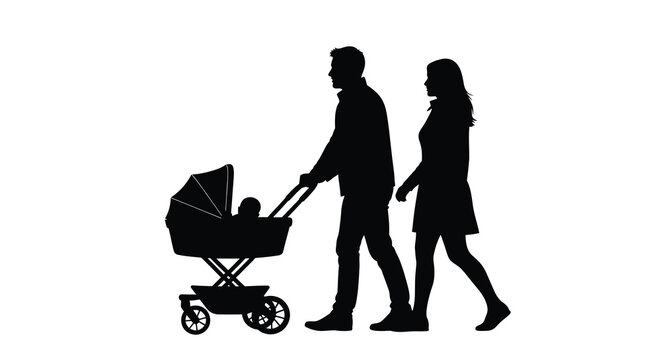 Black Silhouette of Parents Walking with Baby Stroller Side View Isolated on White Background Vector Illustration