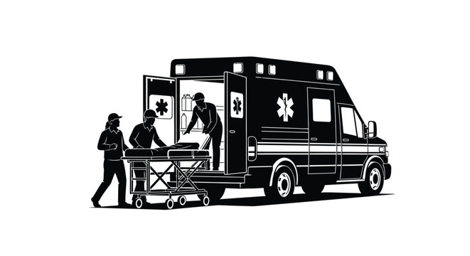 Black Silhouette of Paramedics Transporting Patient into Ambulance Isolated on White Background Vector Illustration