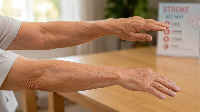 Close-up of an elderly arms raised in front of them, one arm visibly drifting lower than the other, testing surface blurred in background. Stroke symptom recognition concept.