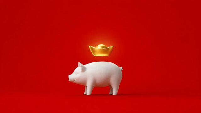 Sleek matte white pig sculpture standing underneath a floating golden Chinese sycee ingot on a vibrant red background, symbolizing wealth accumulation and financial good luck