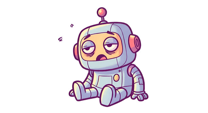 Tired cartoon robot character sitting down exhausted.