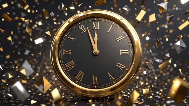 Premium 3D render of a luxury metallic gold analog clock approaching midnight surrounded by exploding golden confetti cubes, conveying elegant New Year count down celebration