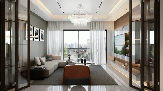 Modern living room interior with city view