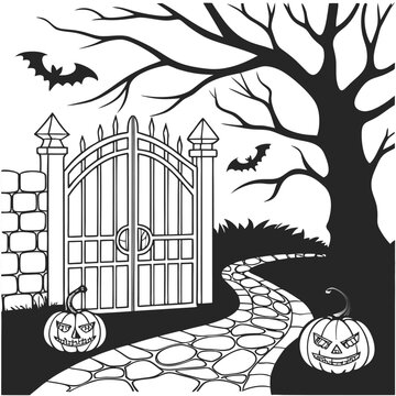 A giant haunted pumpkin gate opens to a cursed house