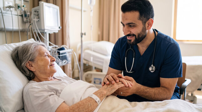 smiling male nurse comforting elderly female patient in hospital bed