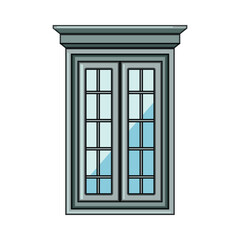 Building window frame with sash glass panes and decorative cornice standing isolated on a white background, useful for architecture and housing concepts © PikePicture