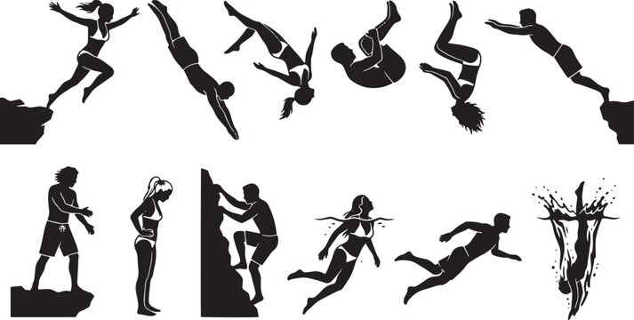 Cliff diving silhouettes set, black vector icons of people jumping into water, extreme summer sports and swimming activities collection isolated on Transparent Background