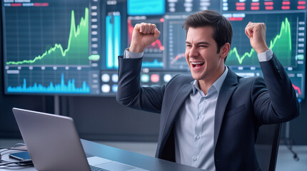 Fototapeta premium Successful day trader celebrating financial gains in front of multiple stock market monitors. Young male investor cheering with raised fists while analyzing bullish trading charts in modern office.